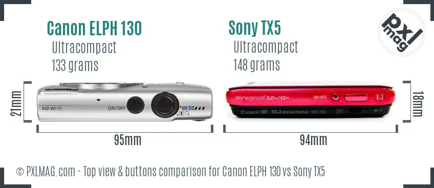 Canon ELPH 130 vs Sony TX5 top view buttons comparison