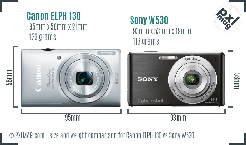 Canon ELPH 130 vs Sony W530 size comparison