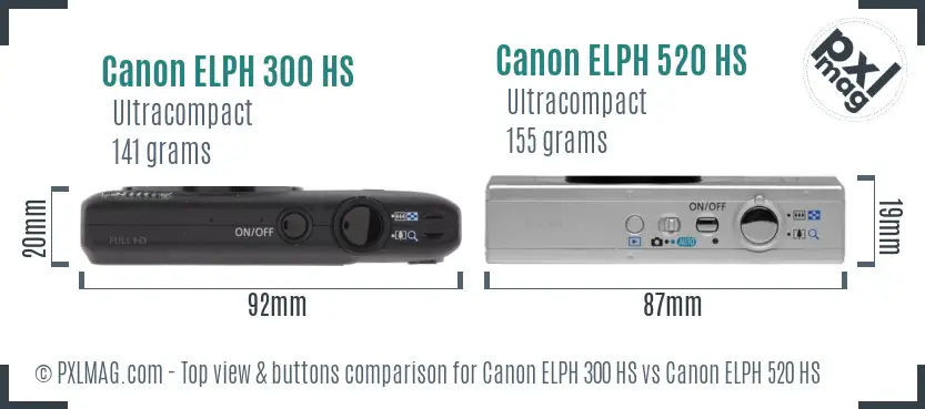 Canon ELPH 300 HS vs Canon ELPH 520 HS top view buttons comparison
