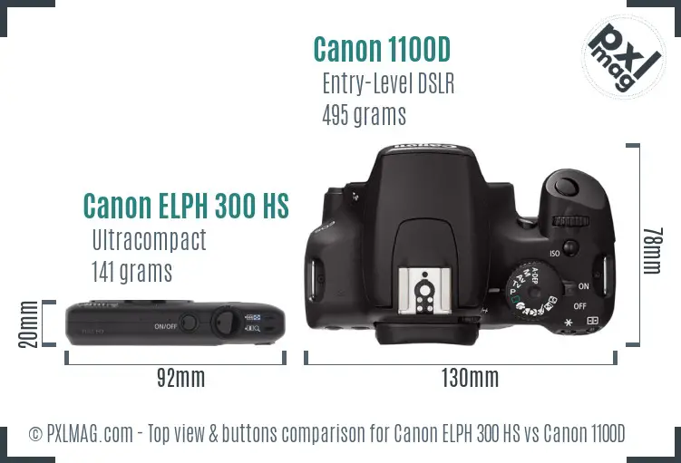 Canon ELPH 300 HS vs Canon 1100D top view buttons comparison Canon ELPH 300 HS vs Canon 1100D top view buttons comparison