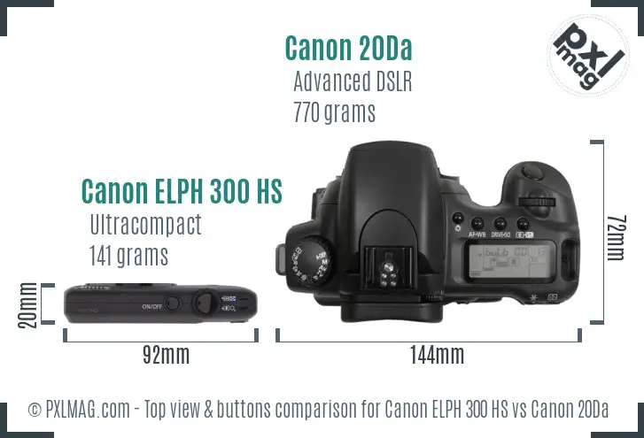 Canon ELPH 300 HS vs Canon 20Da top view buttons comparison