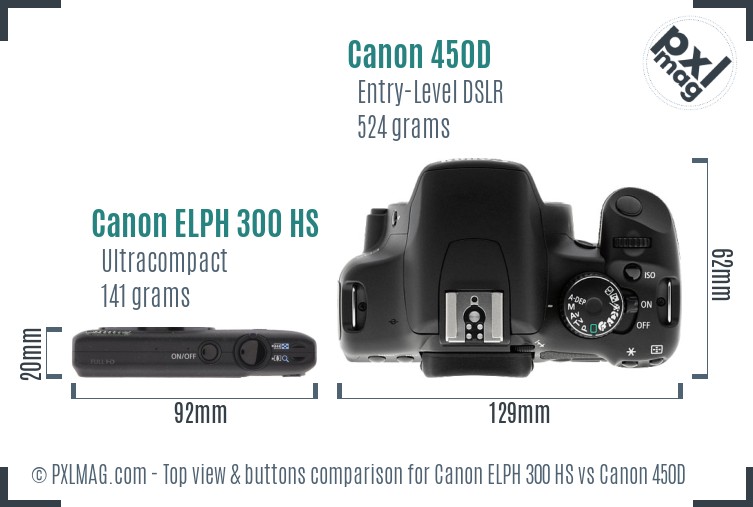 Canon ELPH 300 HS vs Canon 450D top view buttons comparison