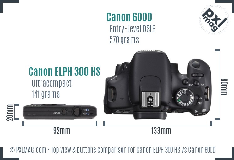 Canon ELPH 300 HS vs Canon 600D top view buttons comparison