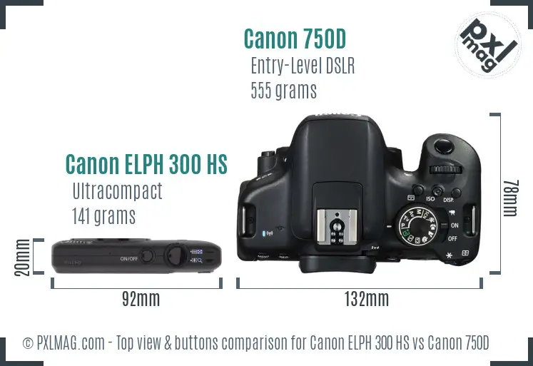 Canon ELPH 300 HS vs Canon 750D top view buttons comparison Canon ELPH 300 HS vs Canon 750D top view buttons comparison