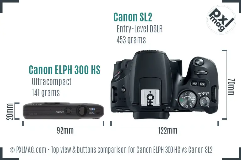 Canon ELPH 300 HS vs Canon SL2 top view buttons comparison