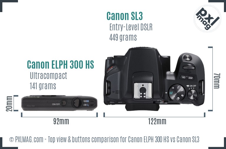 Canon ELPH 300 HS vs Canon SL3 top view buttons comparison