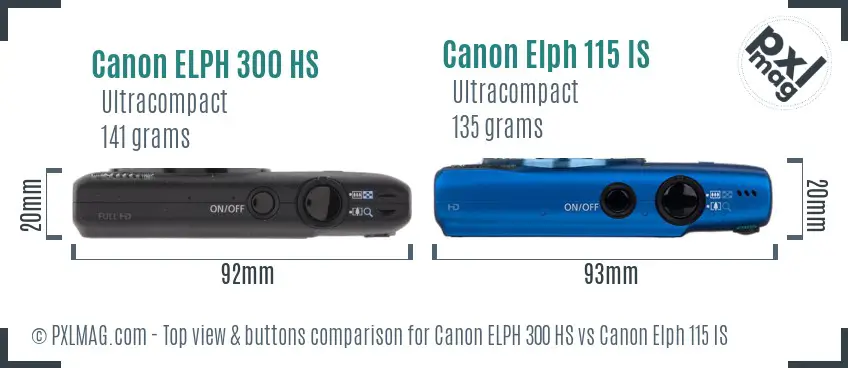 Canon ELPH 300 HS vs Canon Elph 115 IS top view buttons comparison