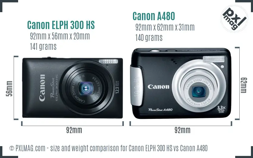 Canon ELPH 300 HS vs Canon A480 size comparison