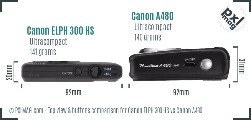 Canon ELPH 300 HS vs Canon A480 top view buttons comparison