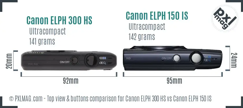 Canon ELPH 300 HS vs Canon ELPH 150 IS top view buttons comparison