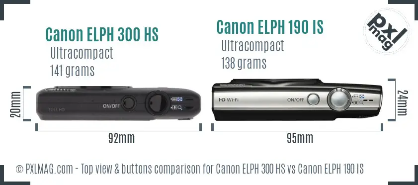 Canon ELPH 300 HS vs Canon ELPH 190 IS top view buttons comparison