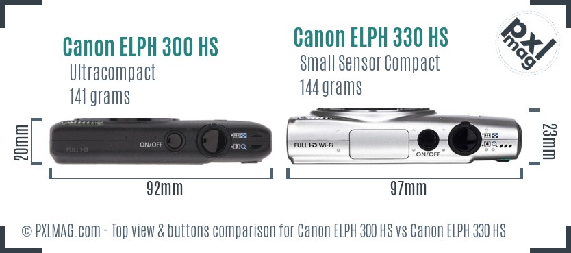 Canon ELPH 300 HS vs Canon ELPH 330 HS top view buttons comparison