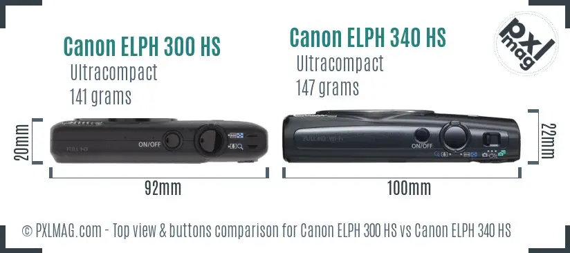 Canon ELPH 300 HS vs Canon ELPH 340 HS top view buttons comparison