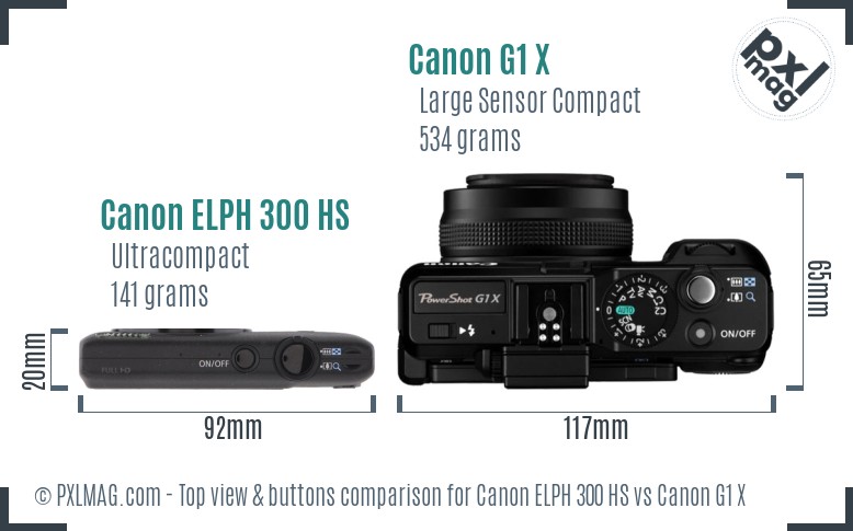 Canon ELPH 300 HS vs Canon G1 X top view buttons comparison