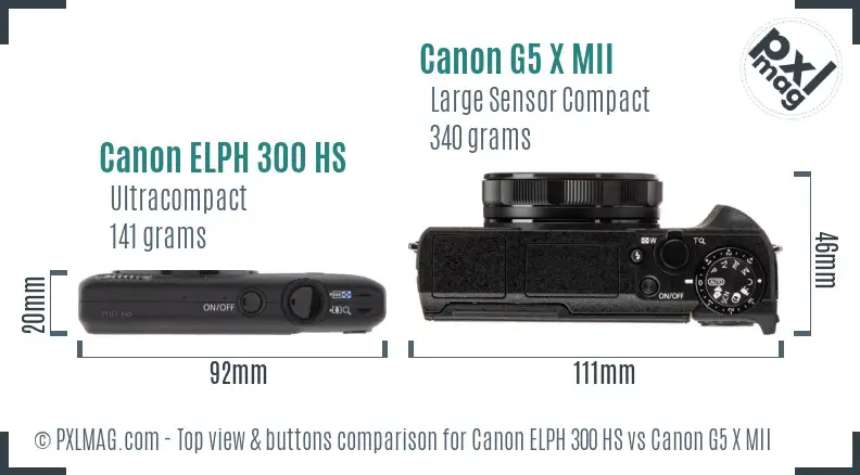 Canon ELPH 300 HS vs Canon G5 X MII top view buttons comparison