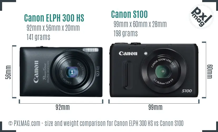 Canon ELPH 300 HS vs Canon S100 size comparison Canon ELPH 300 HS vs Canon S100 size comparison