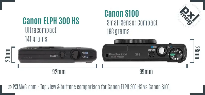 Canon ELPH 300 HS vs Canon S100 top view buttons comparison Canon ELPH 300 HS vs Canon S100 top view buttons comparison