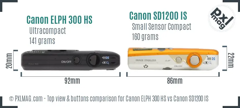 Canon ELPH 300 HS vs Canon SD1200 IS top view buttons comparison Canon ELPH 300 HS vs Canon SD1200 IS top view buttons comparison