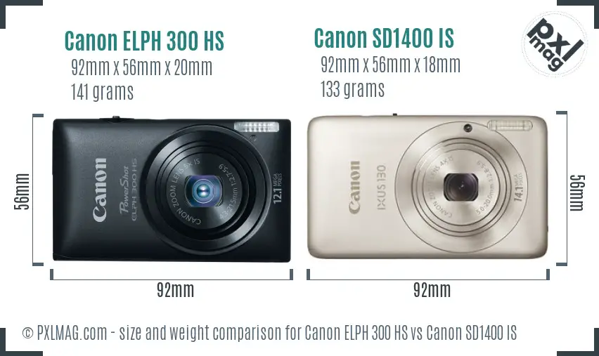 Canon ELPH 300 HS vs Canon SD1400 IS size comparison