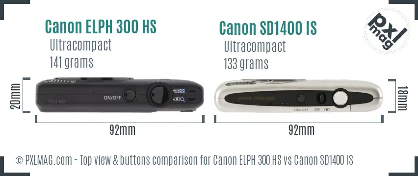 Canon ELPH 300 HS vs Canon SD1400 IS top view buttons comparison