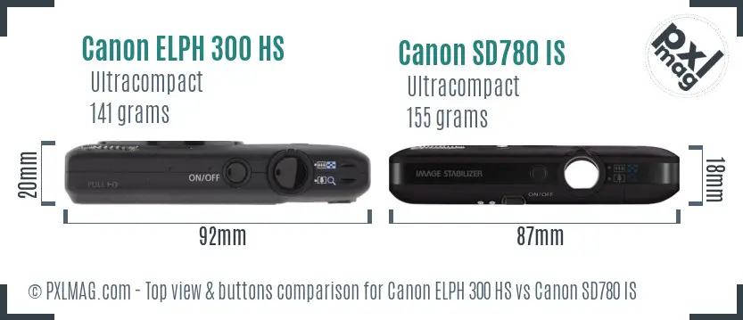 Canon ELPH 300 HS vs Canon SD780 IS top view buttons comparison