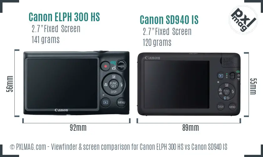 Canon ELPH 300 HS vs Canon SD940 IS Screen and Viewfinder comparison