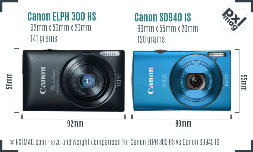 Canon ELPH 300 HS vs Canon SD940 IS size comparison