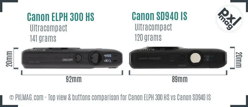 Canon ELPH 300 HS vs Canon SD940 IS top view buttons comparison