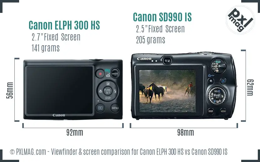 Canon ELPH 300 HS vs Canon SD990 IS Screen and Viewfinder comparison