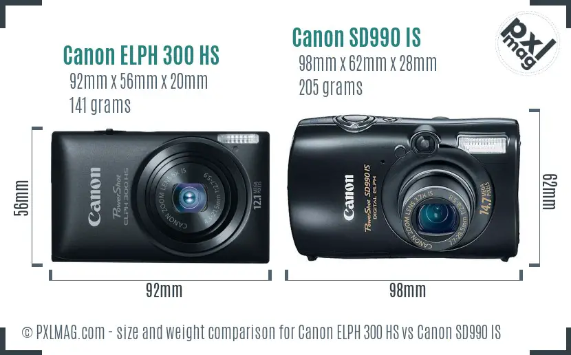 Canon ELPH 300 HS vs Canon SD990 IS size comparison