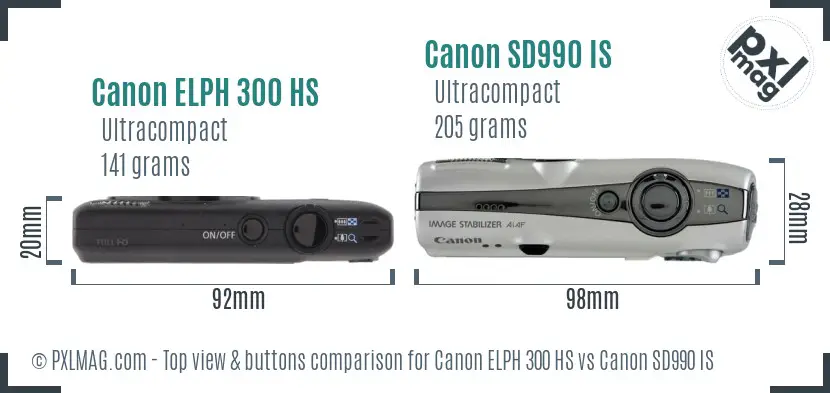 Canon ELPH 300 HS vs Canon SD990 IS top view buttons comparison
