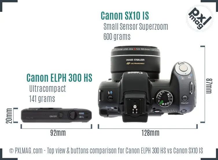Canon ELPH 300 HS vs Canon SX10 IS top view buttons comparison