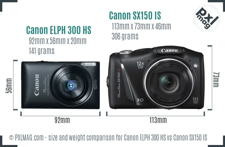 Canon ELPH 300 HS vs Canon SX150 IS size comparison Canon ELPH 300 HS vs Canon SX150 IS size comparison