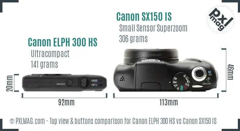 Canon ELPH 300 HS vs Canon SX150 IS top view buttons comparison