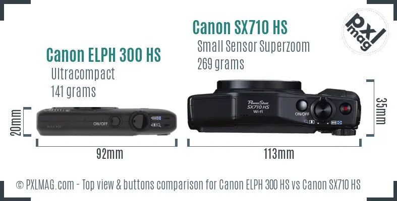 Canon ELPH 300 HS vs Canon SX710 HS top view buttons comparison