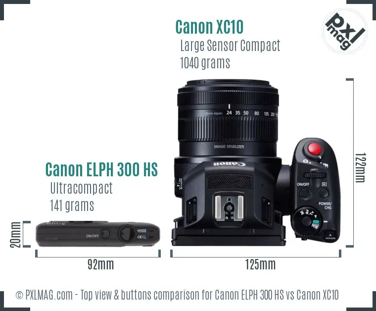 Canon ELPH 300 HS vs Canon XC10 top view buttons comparison