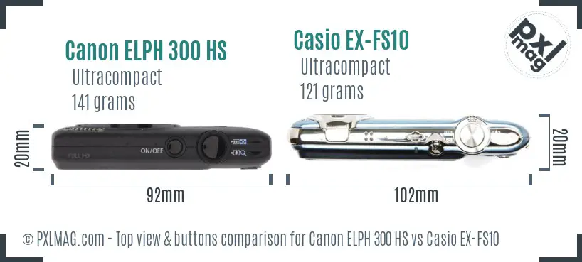 Canon ELPH 300 HS vs Casio EX-FS10 top view buttons comparison