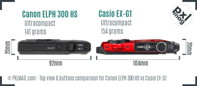 Canon ELPH 300 HS vs Casio EX-G1 top view buttons comparison