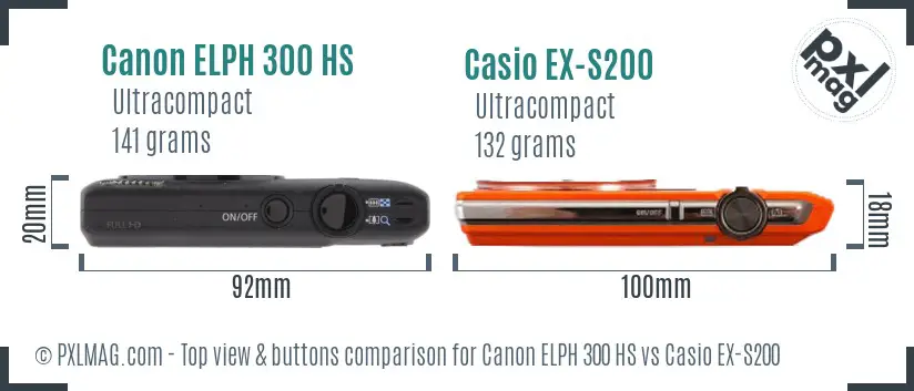 Canon ELPH 300 HS vs Casio EX-S200 top view buttons comparison