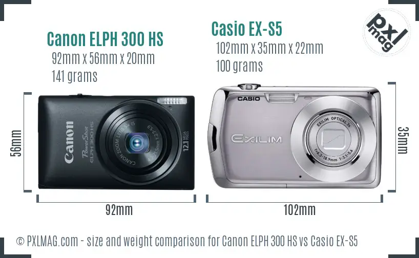 Canon ELPH 300 HS vs Casio EX-S5 size comparison