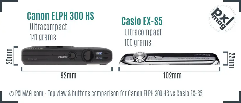 Canon ELPH 300 HS vs Casio EX-S5 top view buttons comparison