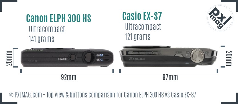 Canon ELPH 300 HS vs Casio EX-S7 top view buttons comparison