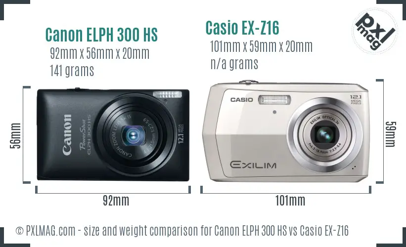 Canon ELPH 300 HS vs Casio EX-Z16 size comparison Canon ELPH 300 HS vs Casio EX-Z16 size comparison