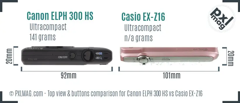 Canon ELPH 300 HS vs Casio EX-Z16 top view buttons comparison Canon ELPH 300 HS vs Casio EX-Z16 top view buttons comparison