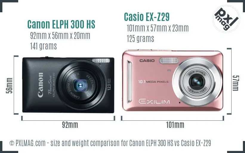 Canon ELPH 300 HS vs Casio EX-Z29 size comparison