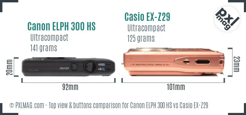 Canon ELPH 300 HS vs Casio EX-Z29 top view buttons comparison