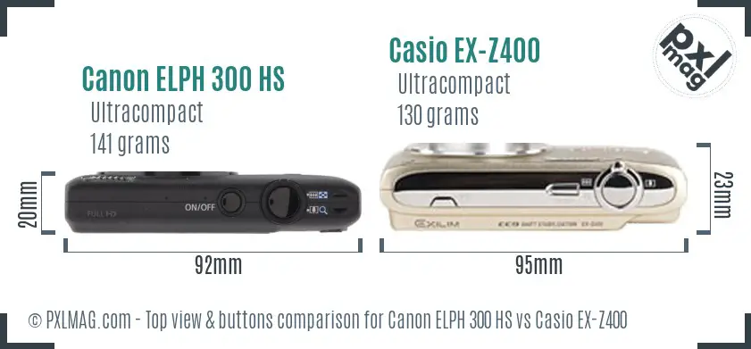 Canon ELPH 300 HS vs Casio EX-Z400 top view buttons comparison