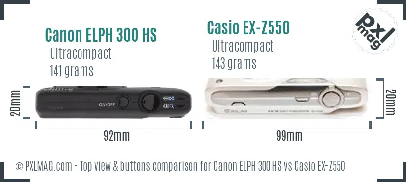 Canon ELPH 300 HS vs Casio EX-Z550 top view buttons comparison Canon ELPH 300 HS vs Casio EX-Z550 top view buttons comparison