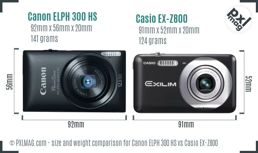 Canon ELPH 300 HS vs Casio EX-Z800 size comparison