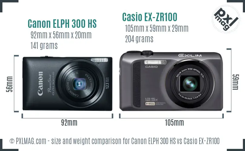 Canon ELPH 300 HS vs Casio EX-ZR100 size comparison Canon ELPH 300 HS vs Casio EX-ZR100 size comparison